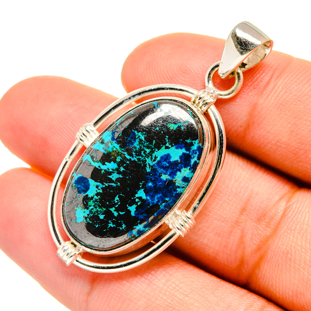 Shattuckite pendant in oval sterling silver bezel with round bail, vivid blue-green stone