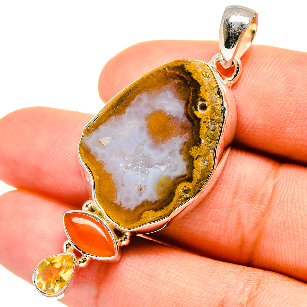 925 sterling silver pendant with loop bail, geode slice and orange/yellow gemstones