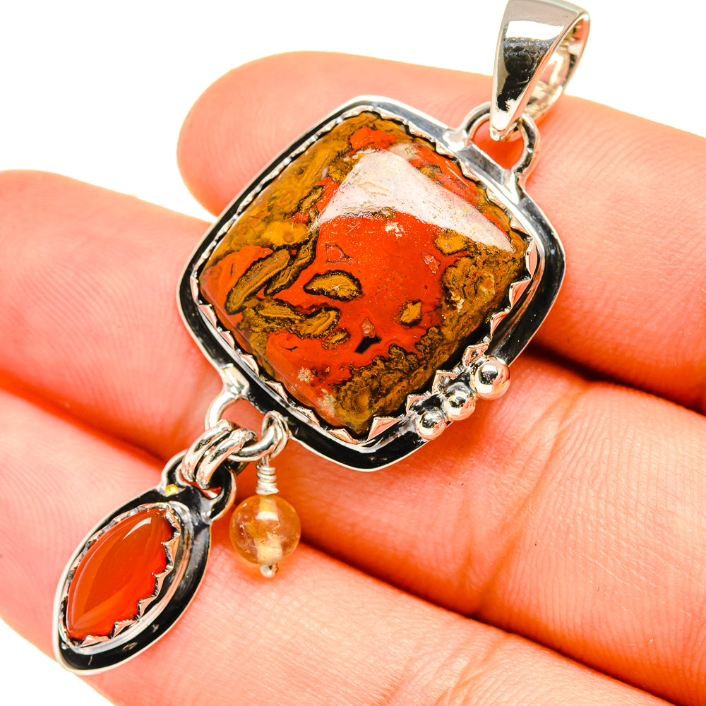 925 sterling silver pendant closeup with orange Moroccan agate center and teardrop carnelian
