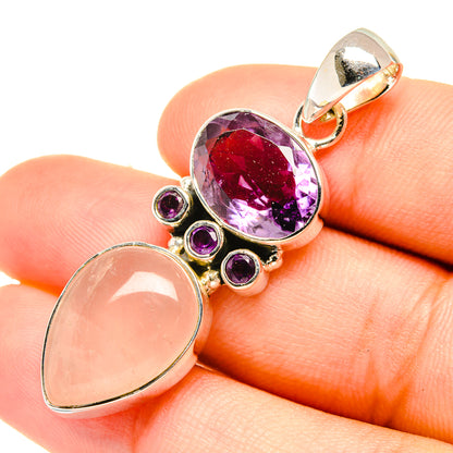 Rose quartz and amethyst pendant with oval pink stone and oval purple stone, silver setting