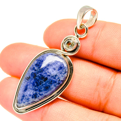 Blue sodalite oval pendant with round green stone accent in 925 sterling silver bail
