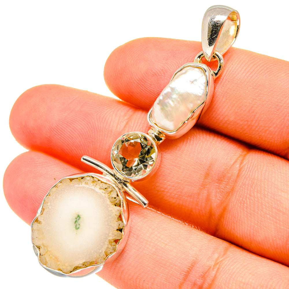 White Solar Quartz, Mother Of Pearl, Green Amethyst Pendants handcrafted by Ana Silver Co - PD6889