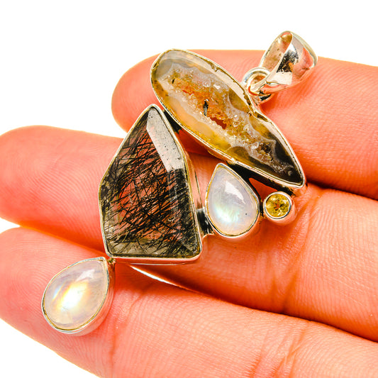 Tourmalinated Quartz, Coconut Geode Slice, Rainbow Moonstone, Citrine Pendants handcrafted by Ana Silver Co - PD6930
