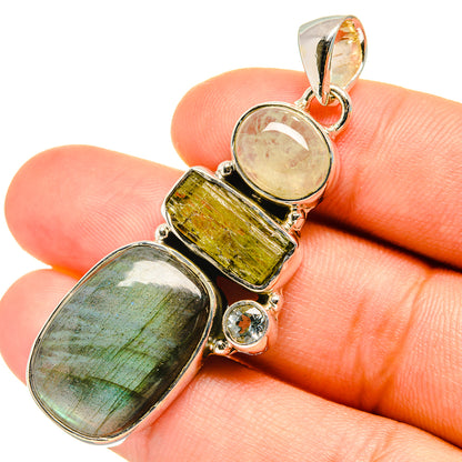 Sterling silver gemstone pendant with labradorite, green prehnite, and blue topaz accents