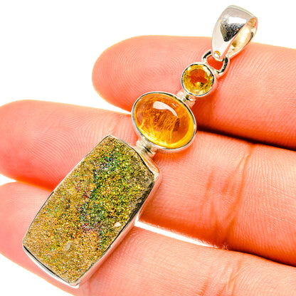 Sterling silver citrine pendant with two round amber stones and gold-green druzy rectangle