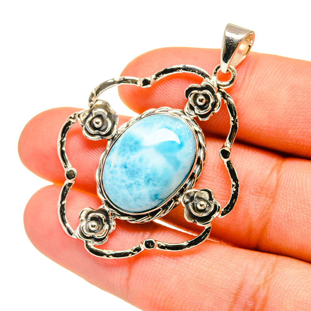 Oval larimar pendant in 925 sterling silver, openwork roses and loop bail