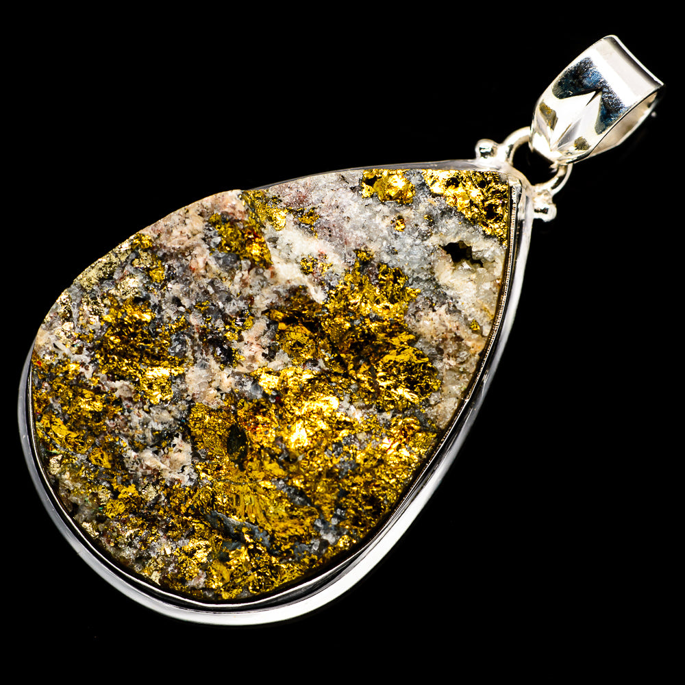 Teardrop pyrite druzy pendant in 925 sterling silver with bright gold mineral texture