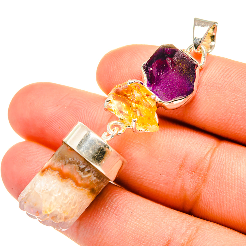 Amethyst and citrine gemstone pendant in 925 sterling silver, with two drop stones