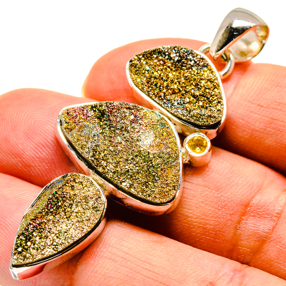 Sterling silver pendant with golden druzy marquise stones and citrine bead at bail