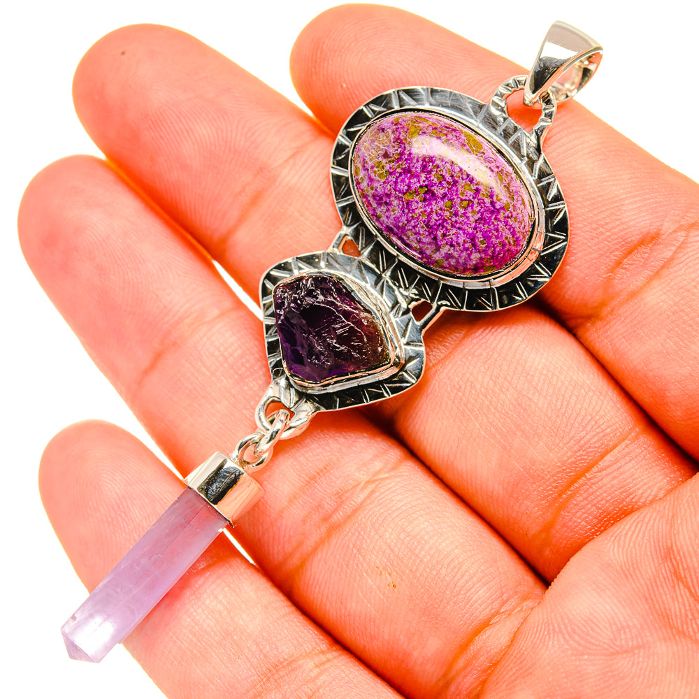 Sterling silver pendant with oval purple stone and square purple stone, ornate bezel
