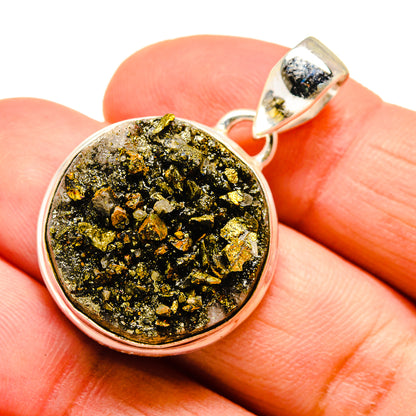Sterling silver drusy pyrite pendant, round bezel with gold flecks and dark crystals