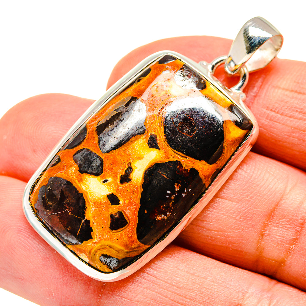 Chert breccia pendant with 925 sterling silver frame and orange/black/white stone rectangle