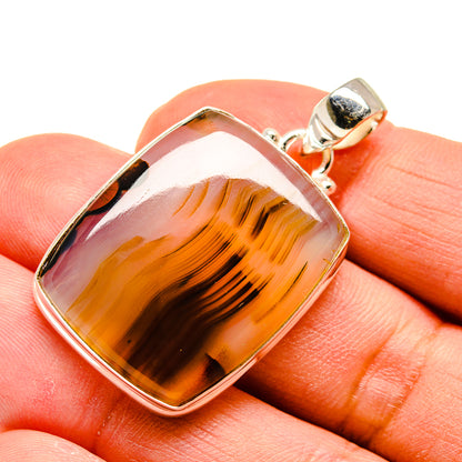 Montana agate pendant in 925 sterling silver, orange-and-amber banded square stone