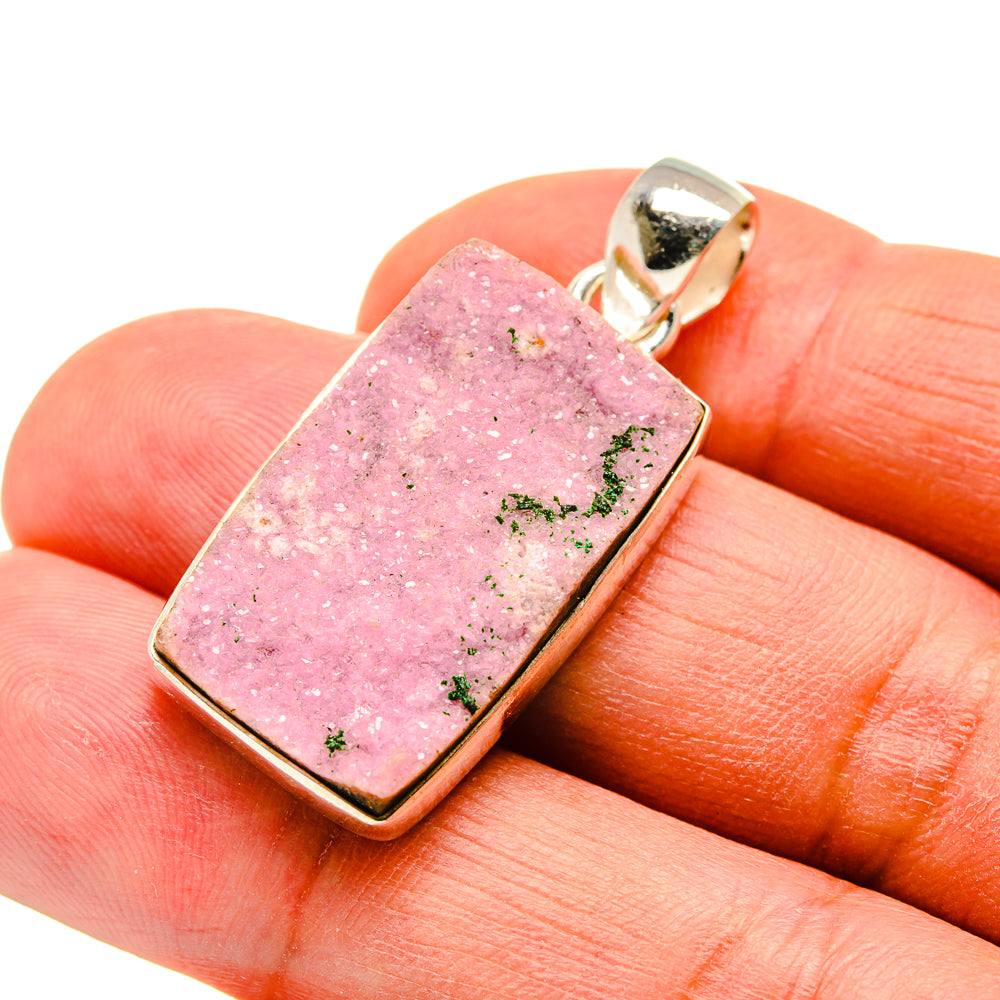 Pink druzy calcite pendant in sterling silver square bezel with bail, close-up