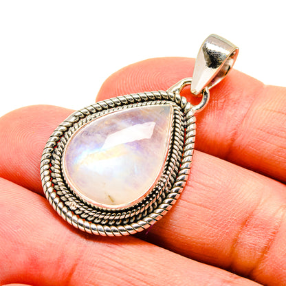 Teardrop moonstone pendant in 925 sterling silver with braided rope bezel