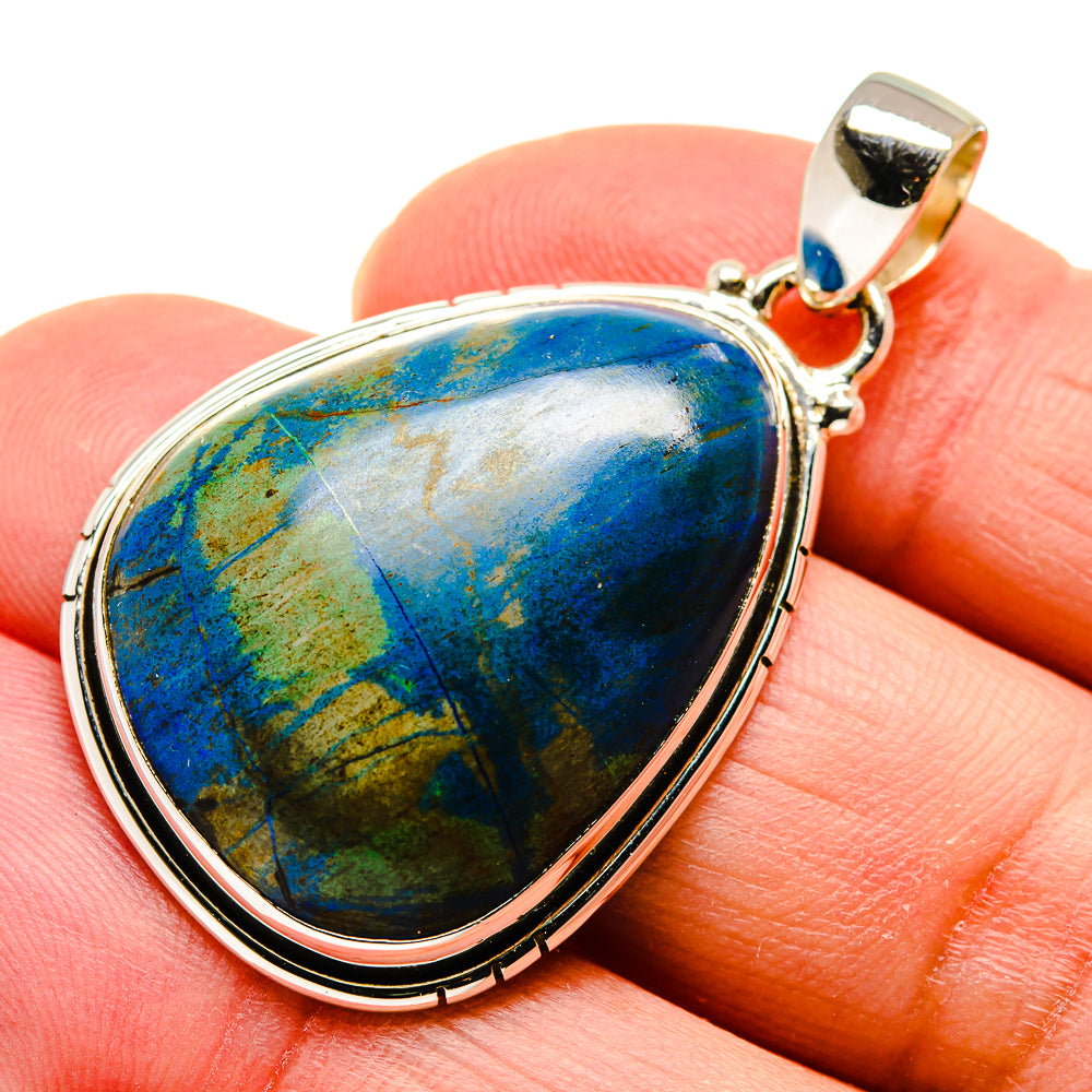 Chrysocolla pendant in silver bezel with teardrop stone, blue and green marbling