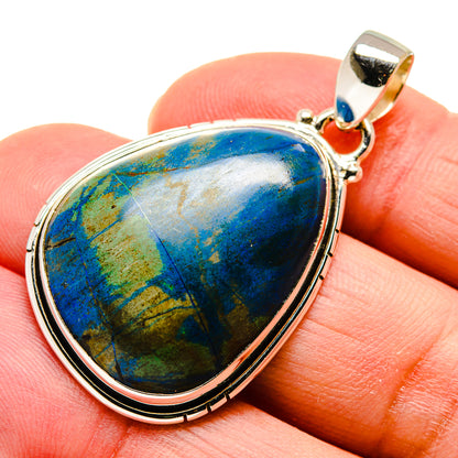 Chrysocolla pendant in silver bezel with teardrop stone, blue and green marbling