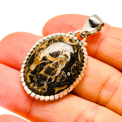 Oval turritella agate pendant with 925 sterling silver bezel and polished bail