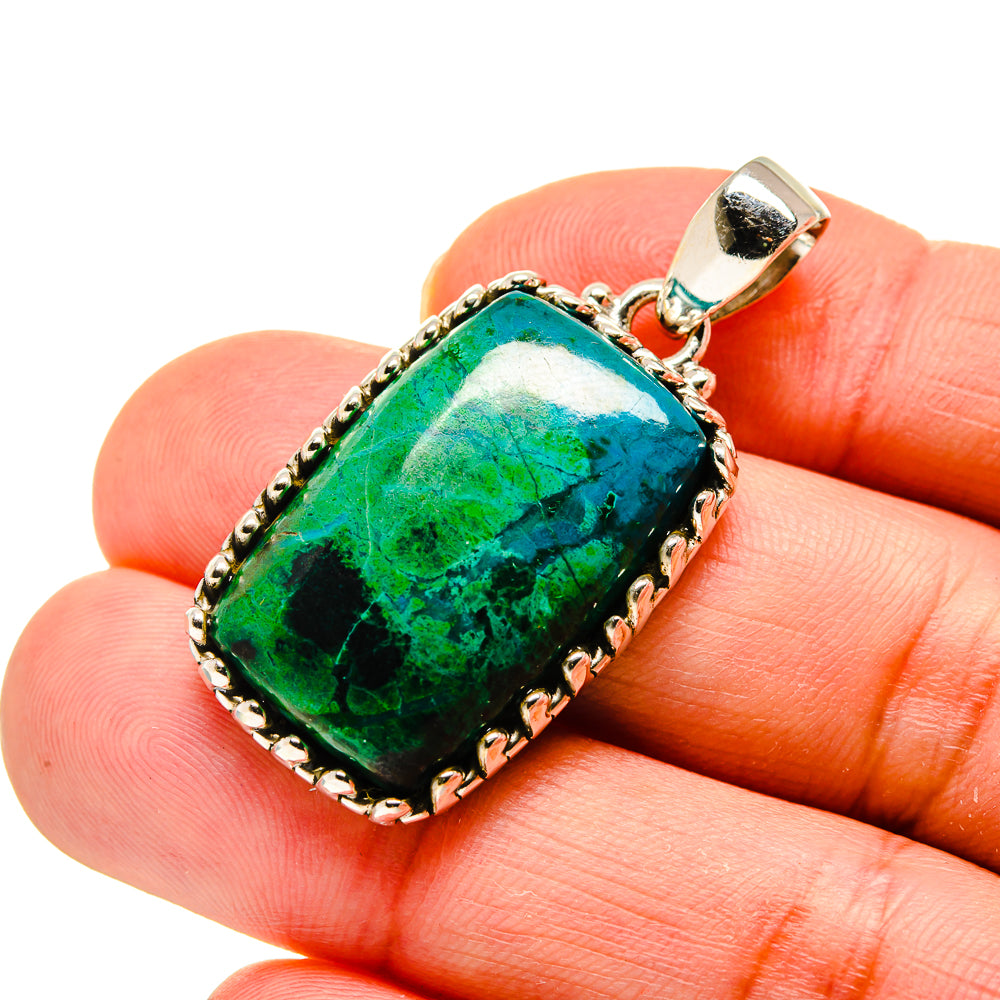 Chrysocolla pendant, 925 sterling silver bezel; rectangular green-blue stone