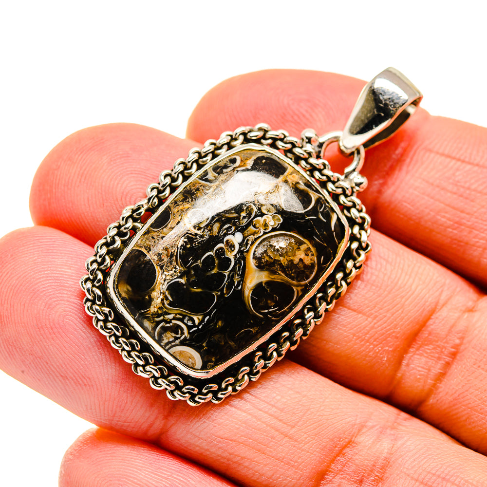 Sterling silver turritella agate pendant with chain, ornate oval bezel, loop bail