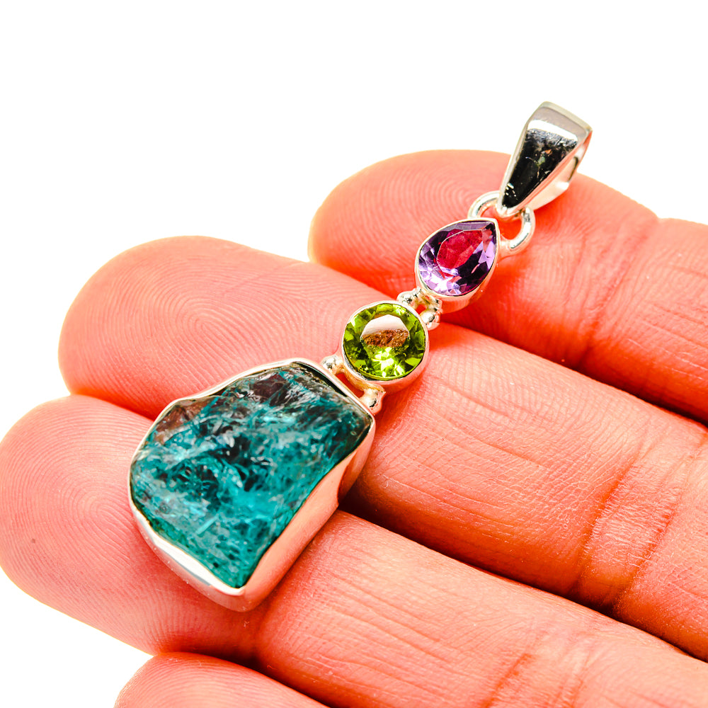Sterling silver pendant with blue-green fluorite square and amethyst & peridot stones