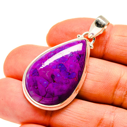 Purple composite turquoise teardrop pendant in sterling silver, close-up