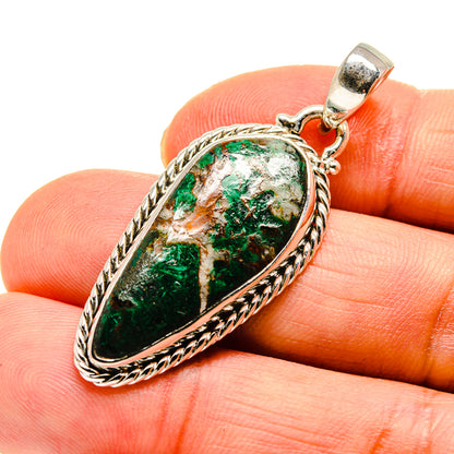 Chrysocolla pendant in 925 sterling silver with green stone teardrop and braided frame