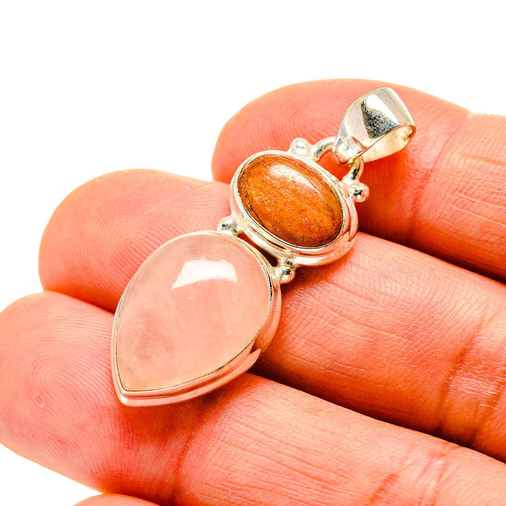Oval gemstone pendant on sterling silver chain bail; pink rose quartz and orange sunstone