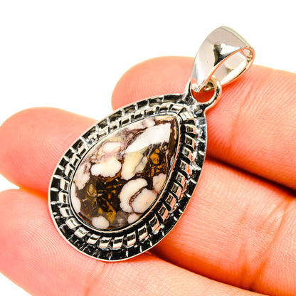 Sterling silver teardrop jasper pendant with white and gold marbled stone bezel
