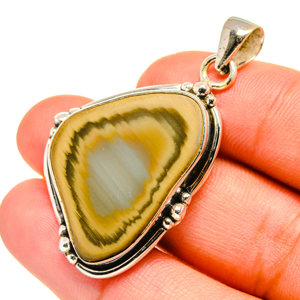 Willow Creek jasper pendant, oval teardrop stone with yellow-green bands in silver setting