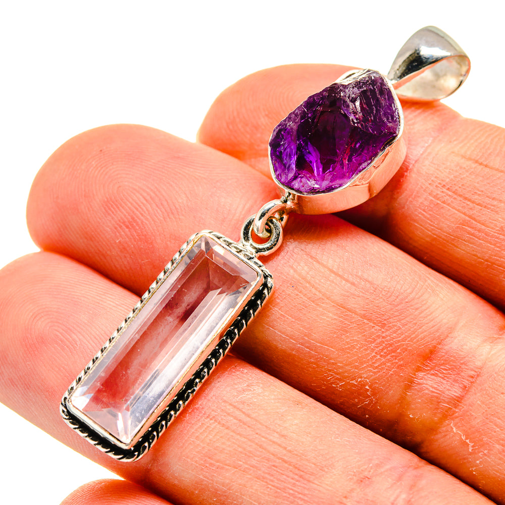 925 sterling silver amethyst and rose quartz pendant, purple faceted and clear rectangle