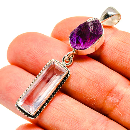 925 sterling silver amethyst and rose quartz pendant, purple faceted and clear rectangle