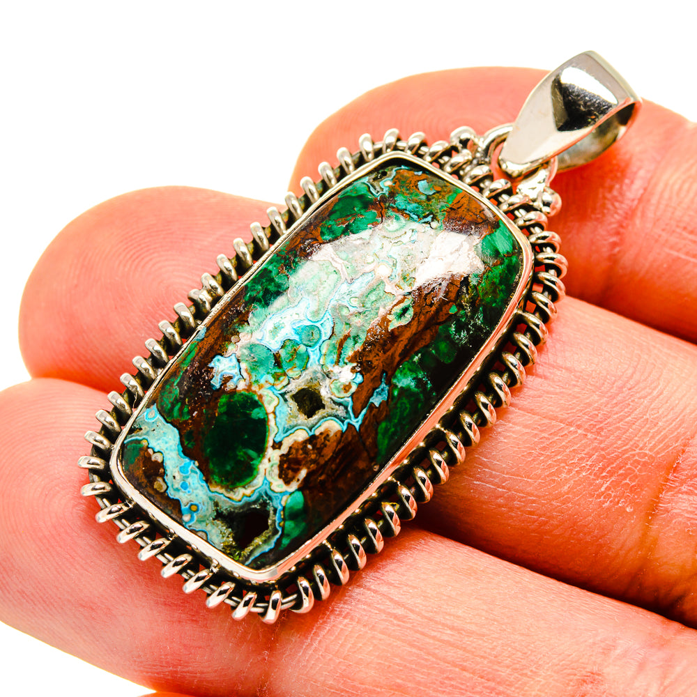 Chrysocolla gemstone pendant in 925 sterling silver bezel with bail, oval stone