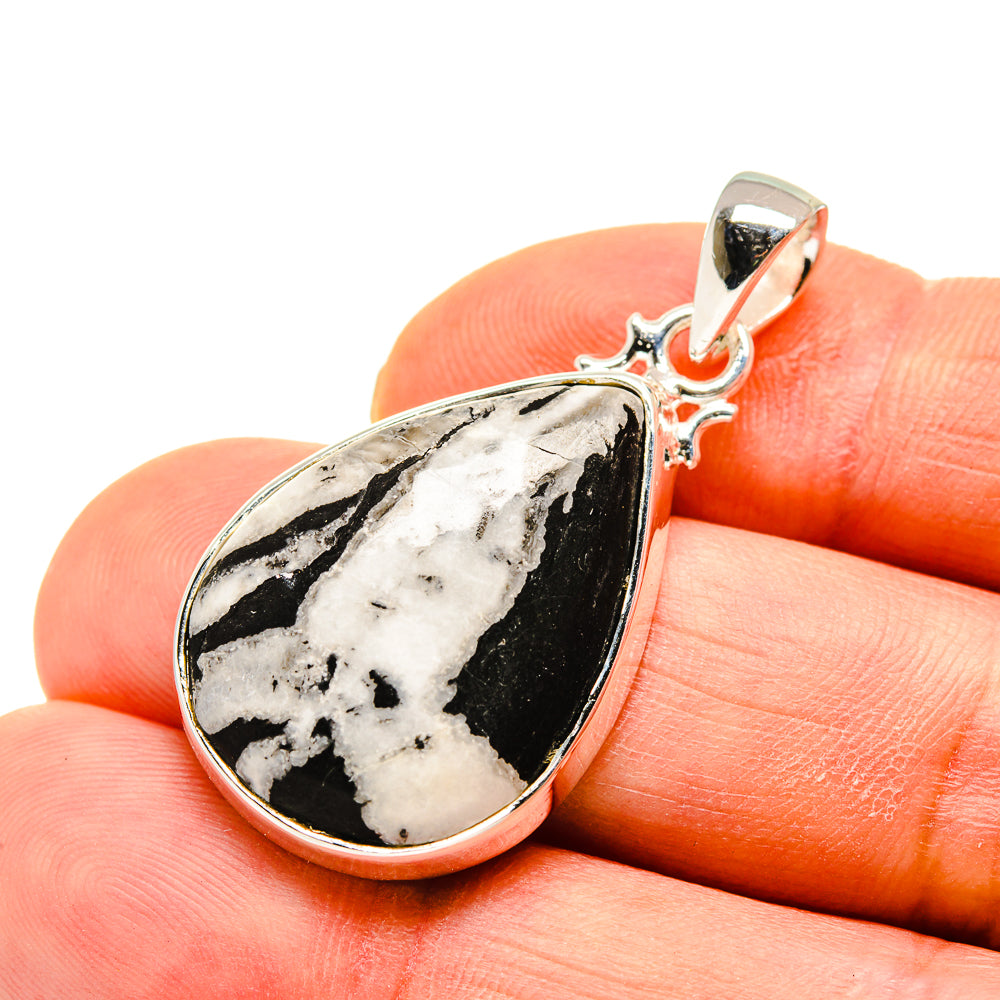 Sterling silver jasper pendant with teardrop black-and-white stone and bail