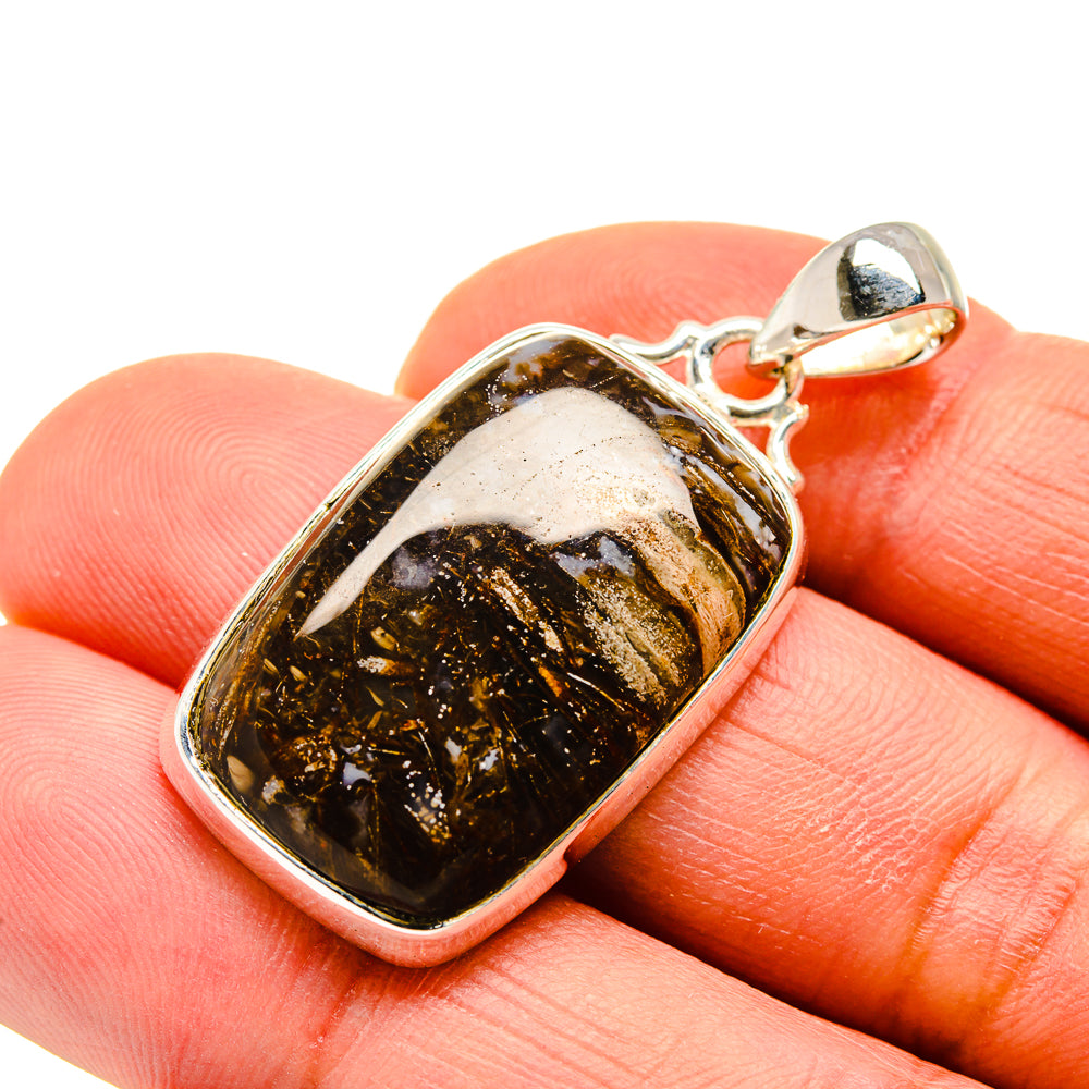 Amber-brown agate gemstone pendant, rectangular bezel with silver loop bail