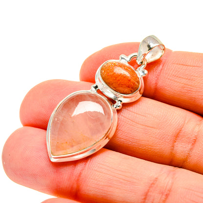 Sterling silver pendant with orange sunstone and pink rose quartz drop stones