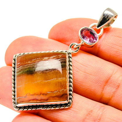 Sterling silver gemstone pendant with square fluorite and round purple amethyst charm