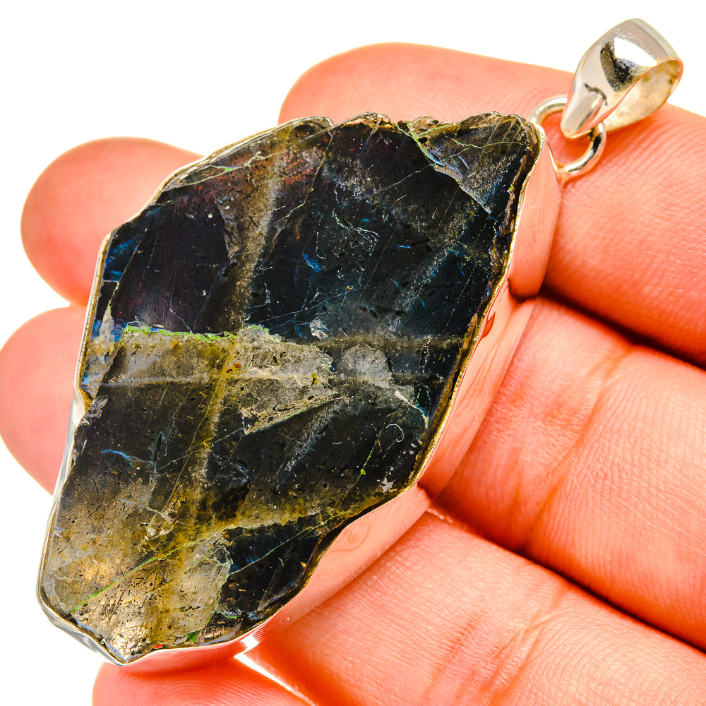 Rough labradorite pendant with dark blue-black stone and 925 silver bezel bail