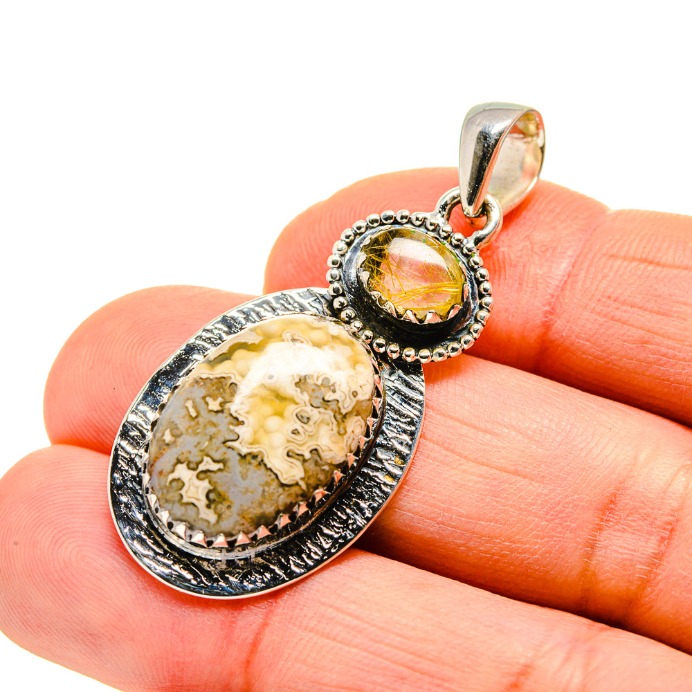 Sterling silver pendant with oval jasper and yellow rutilated quartz cabochons