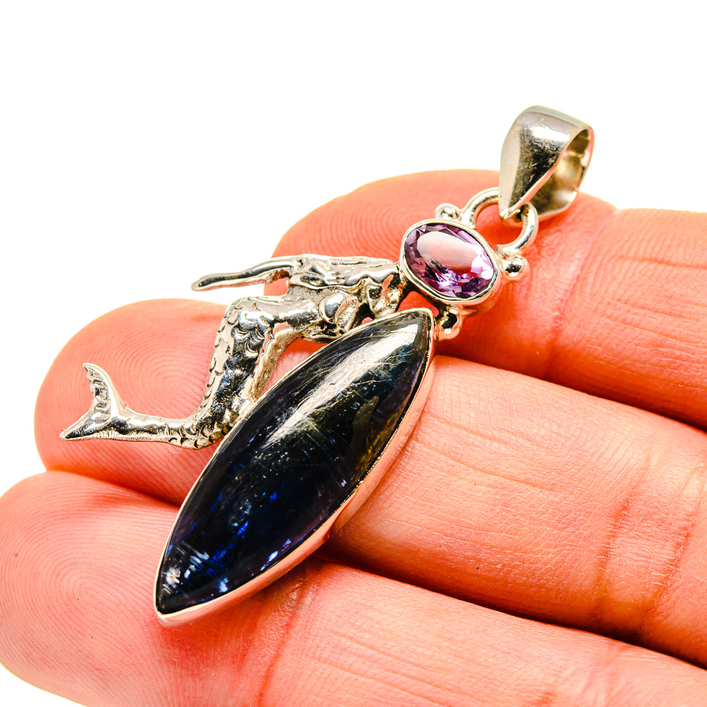 925 sterling silver mermaid pendant with oval blue stone, round amethyst, and bail
