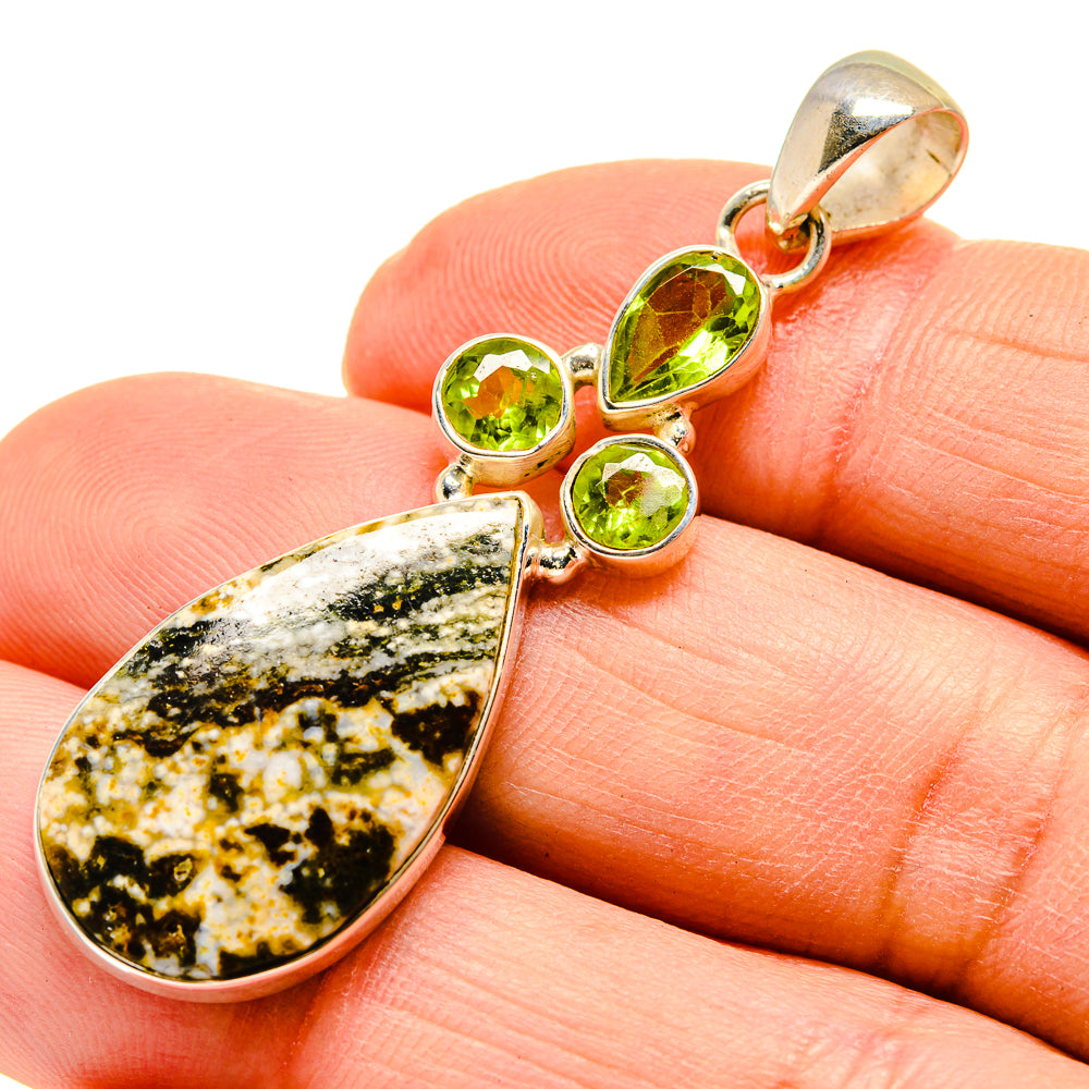 Sterling silver pendant with pear-shaped ocean jasper teardrop and green peridot accents