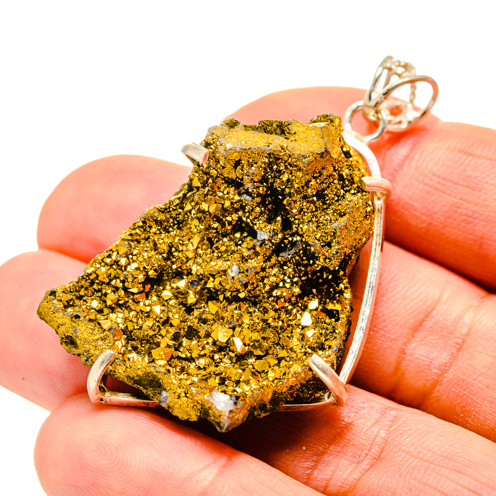 Gold druzy pendant on sterling silver setting with bail and prongs