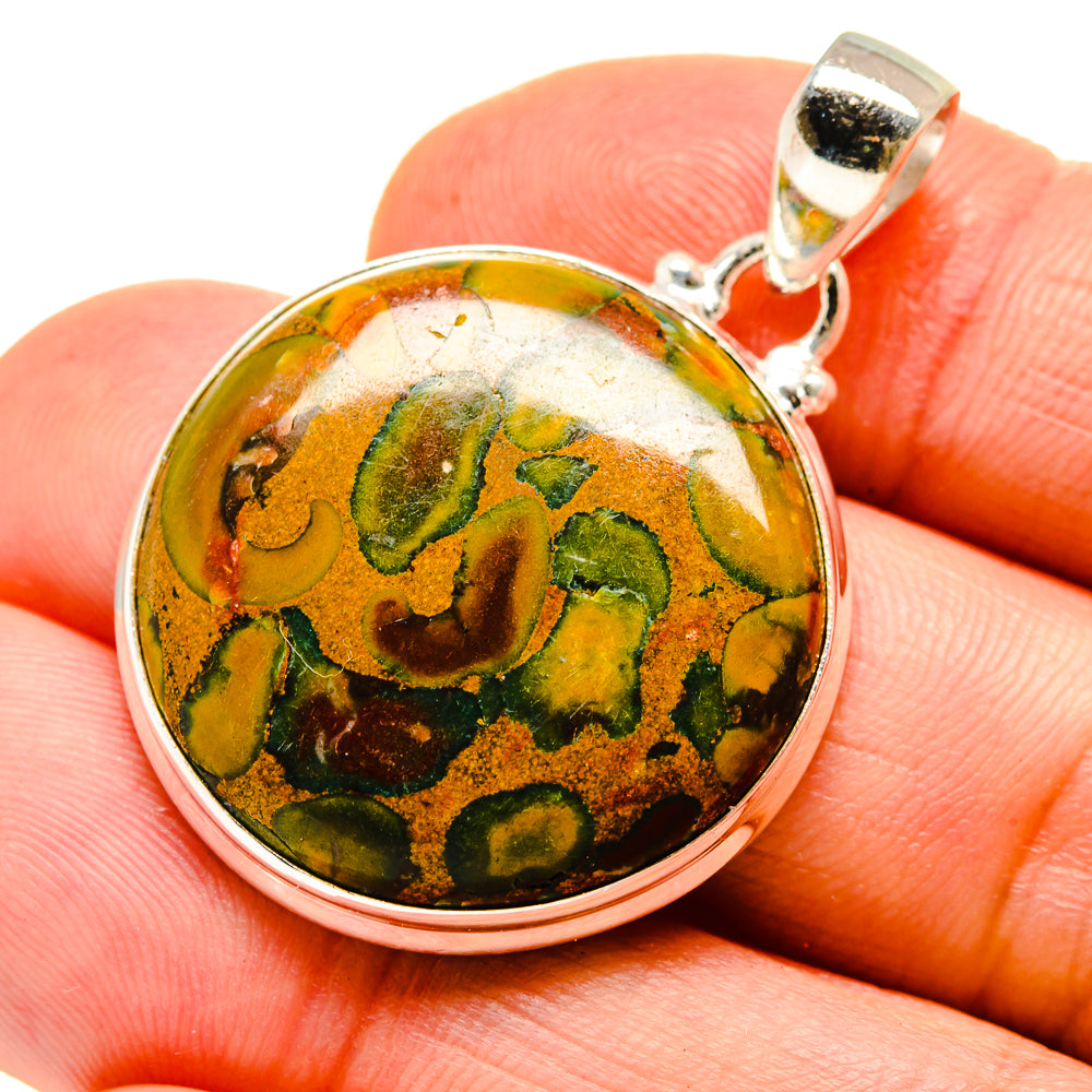 Jasper pendant with round silver bezel, green-orange rainforest stone and top loop