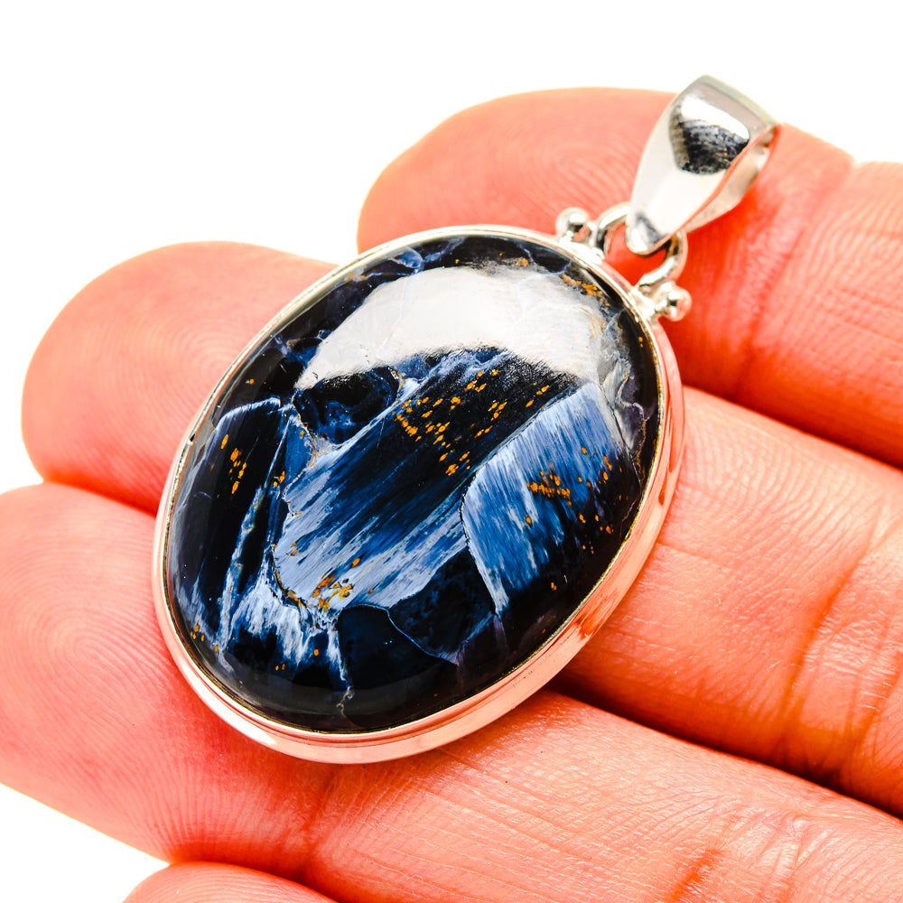 Oval pietersite pendant in 925 sterling silver, blue-black cabochon bezel