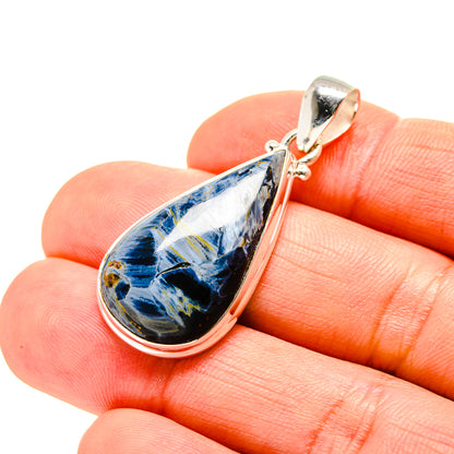 Sterling silver teardrop pendant with blue pietersite stone, bail loop top