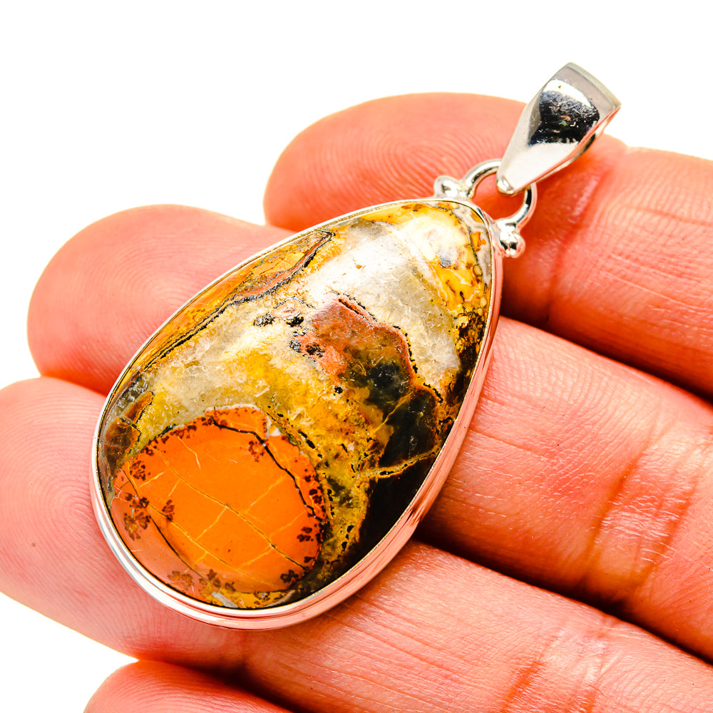925 sterling silver jasper teardrop pendant with orange, gold, and black stone pattern