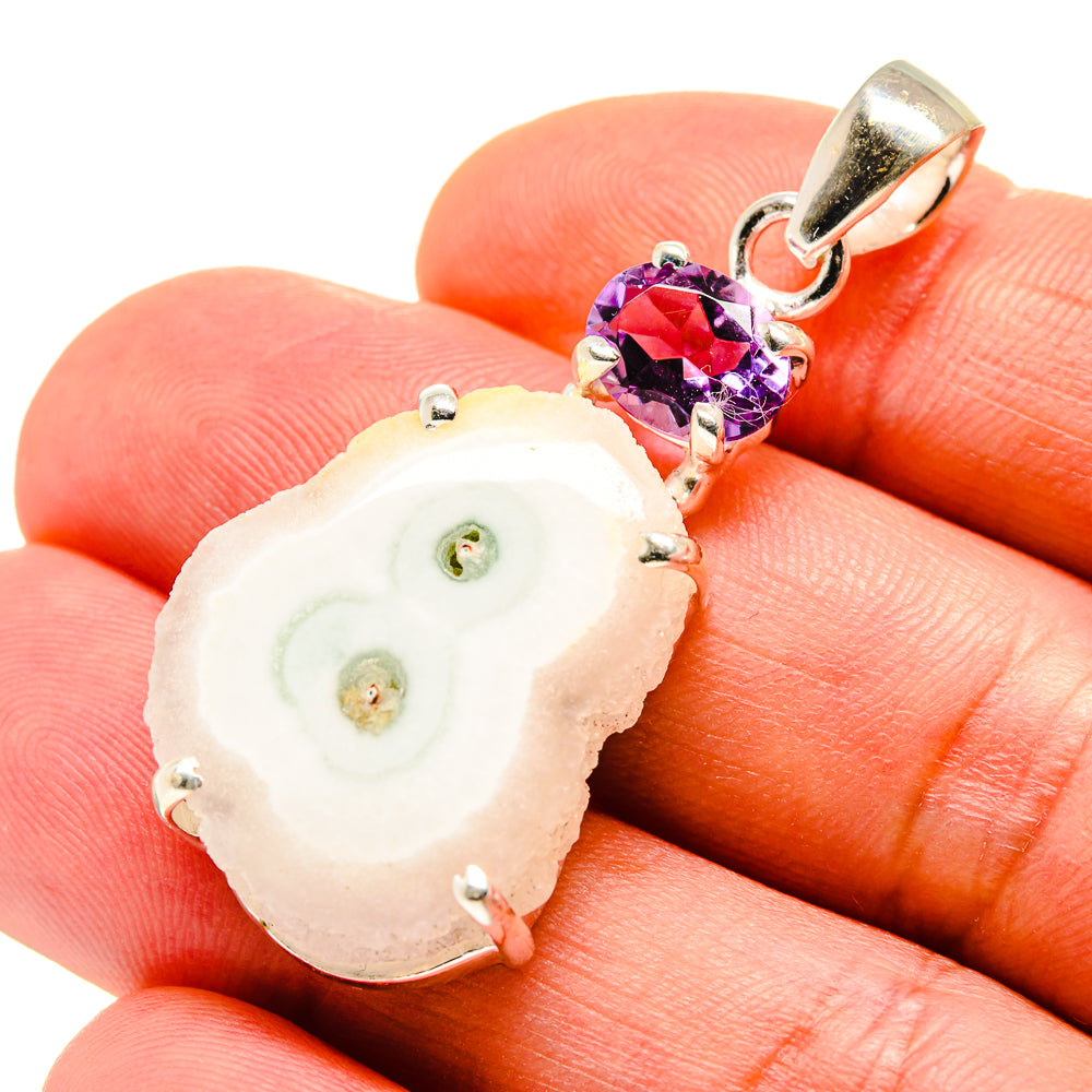 Amethyst solar quartz pendant on 925 sterling silver bail, white quartz slice