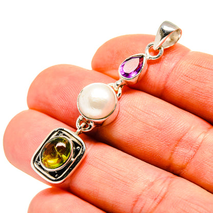Sterling silver pendant with cultured pearl and faceted amethyst and peridot stones