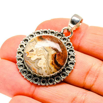 Round lace agate pendant, 925 sterling silver bezel with brown-and-cream swirls