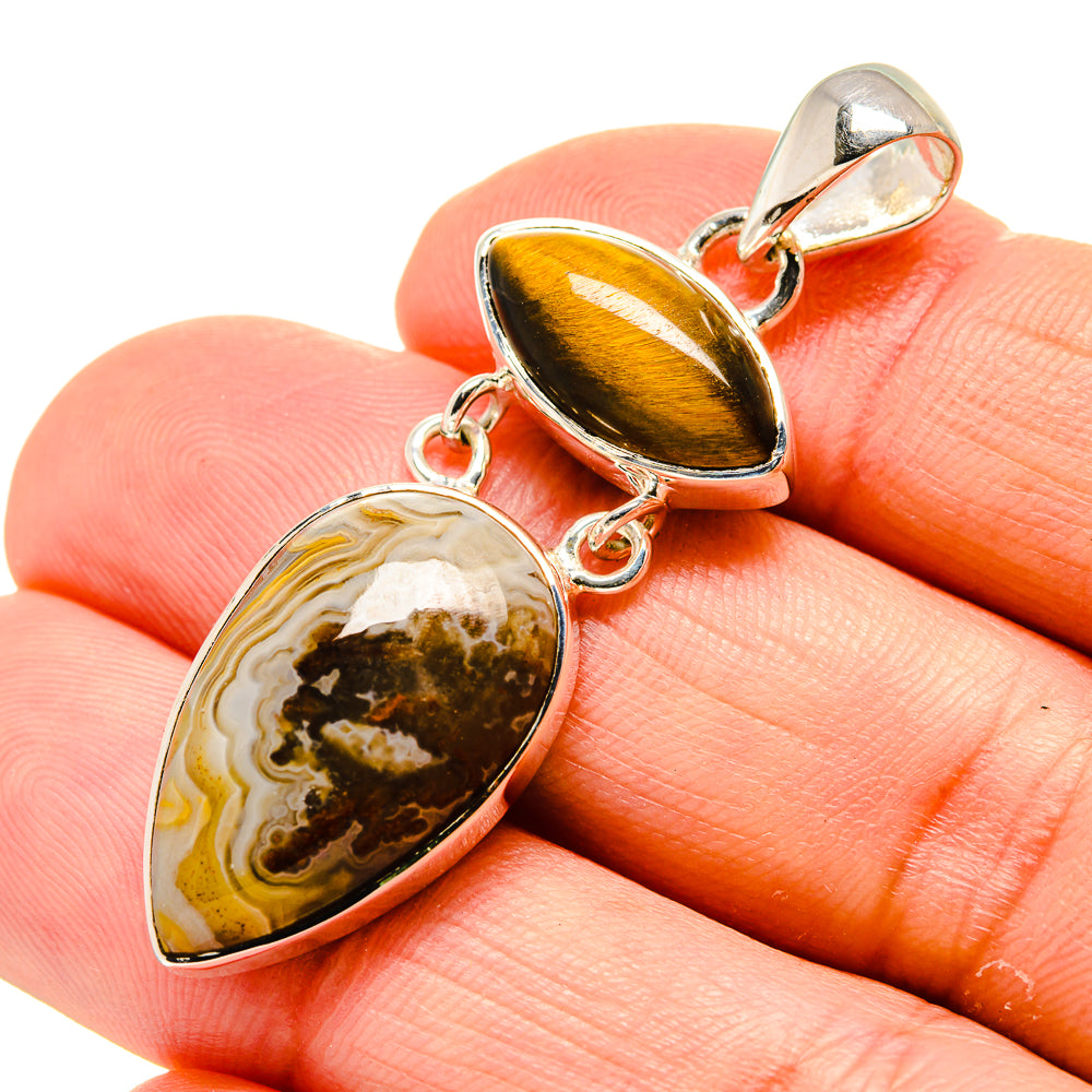 Tiger eye and agate teardrop pendant in polished 925 sterling silver